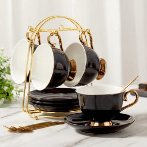 dujust tea cups and saucers set of 4 (7.4oz), luxury tea cup set with golden trim, black coffee cups with metal stand, british porcelain tea party set - black