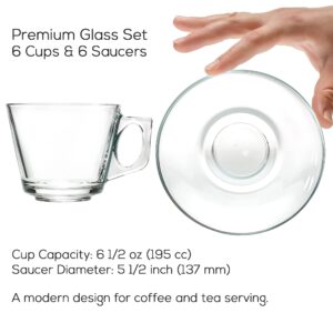 Volarium Tea Cups and Saucers Sets, 6PCs Clear Glass Coffee Mugs and 6PCs Glass Saucers, Ideal 6.5 Ounce Size for Cappuccino, Specialty Coffee Drinks, Latte, Cafe Mocha and Tea