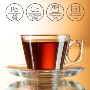 Volarium Tea Cups and Saucers Sets, 6PCs Clear Glass Coffee Mugs and 6PCs Glass Saucers, Ideal 6.5 Ounce Size for Cappuccino, Specialty Coffee Drinks, Latte, Cafe Mocha and Tea