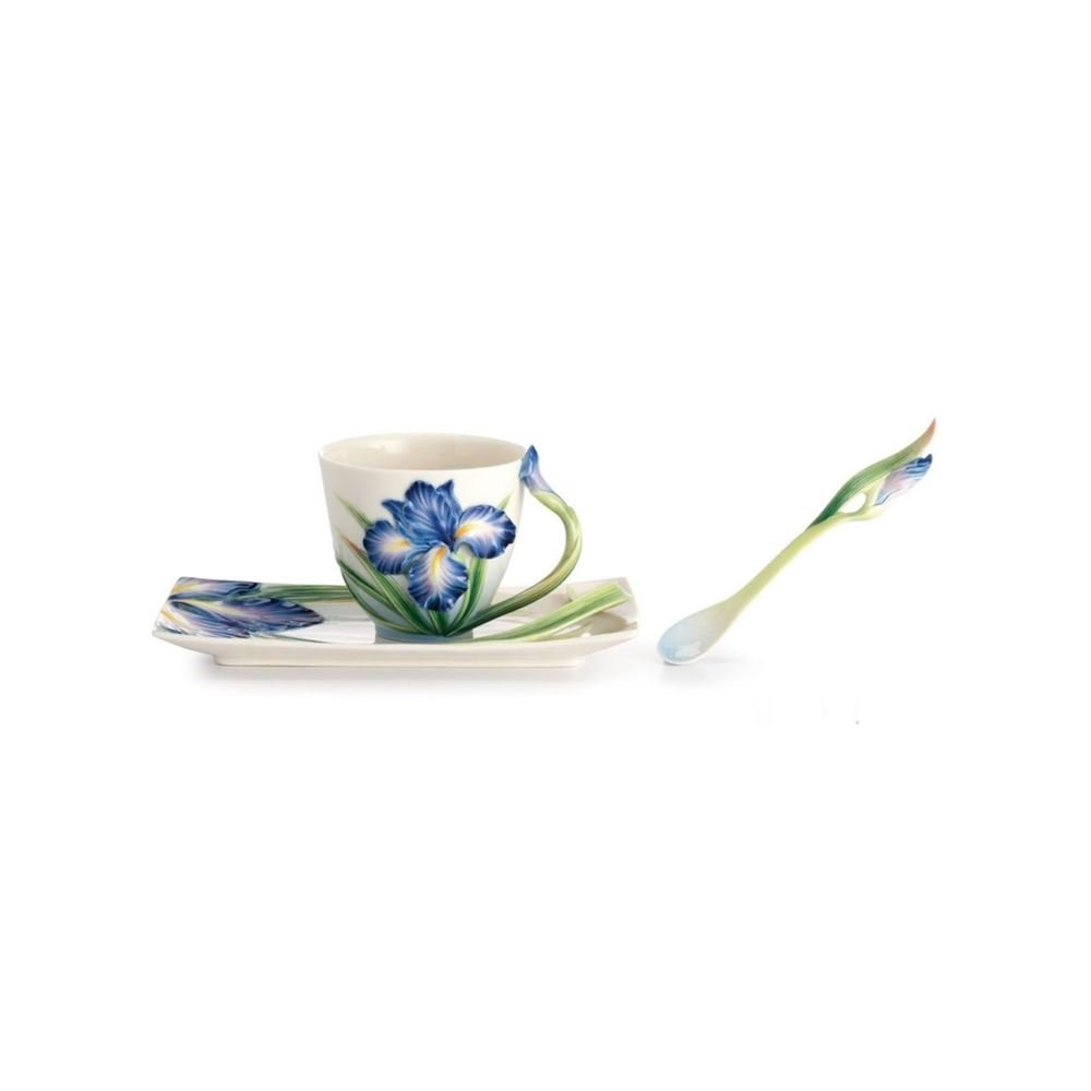 Franz Porcelain Eloquent Iris Flower Design Sculptured Porcelain Cup/Saucer Set with Spoon