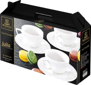 wilmax set of tea cups & saucers in color box (8 oz/set of 6) | dishwasher safe, easy to clean | fine, english porcelain