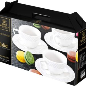 Wilmax Set Of Tea Cups & Saucers In Color Box (8 Oz/Set Of 6) | Dishwasher Safe, Easy To Clean | Fine, English Porcelain