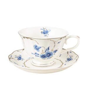 fanquare blue tea cup and saucer set for 1, floral coffee cup with plate set, english porcelain tea cup, 7.4oz