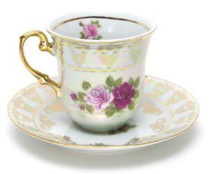 euro porcelain 12-pc."roses" tea cup and saucer coffee set (8 oz.), white pearlescent floral pattern with 24k gold-plated accents, tea service for 6, vintage czech tableware