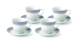 world gifts elegant durable and colorful porcelain tea-coffee cups and saucers set - blue and gold, 8 oz. set of 4