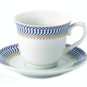 WORLD GIFTS Elegant Durable and Colorful Porcelain Tea-Coffee Cups and Saucers Set - Blue and Gold, 8 oz. Set of 4