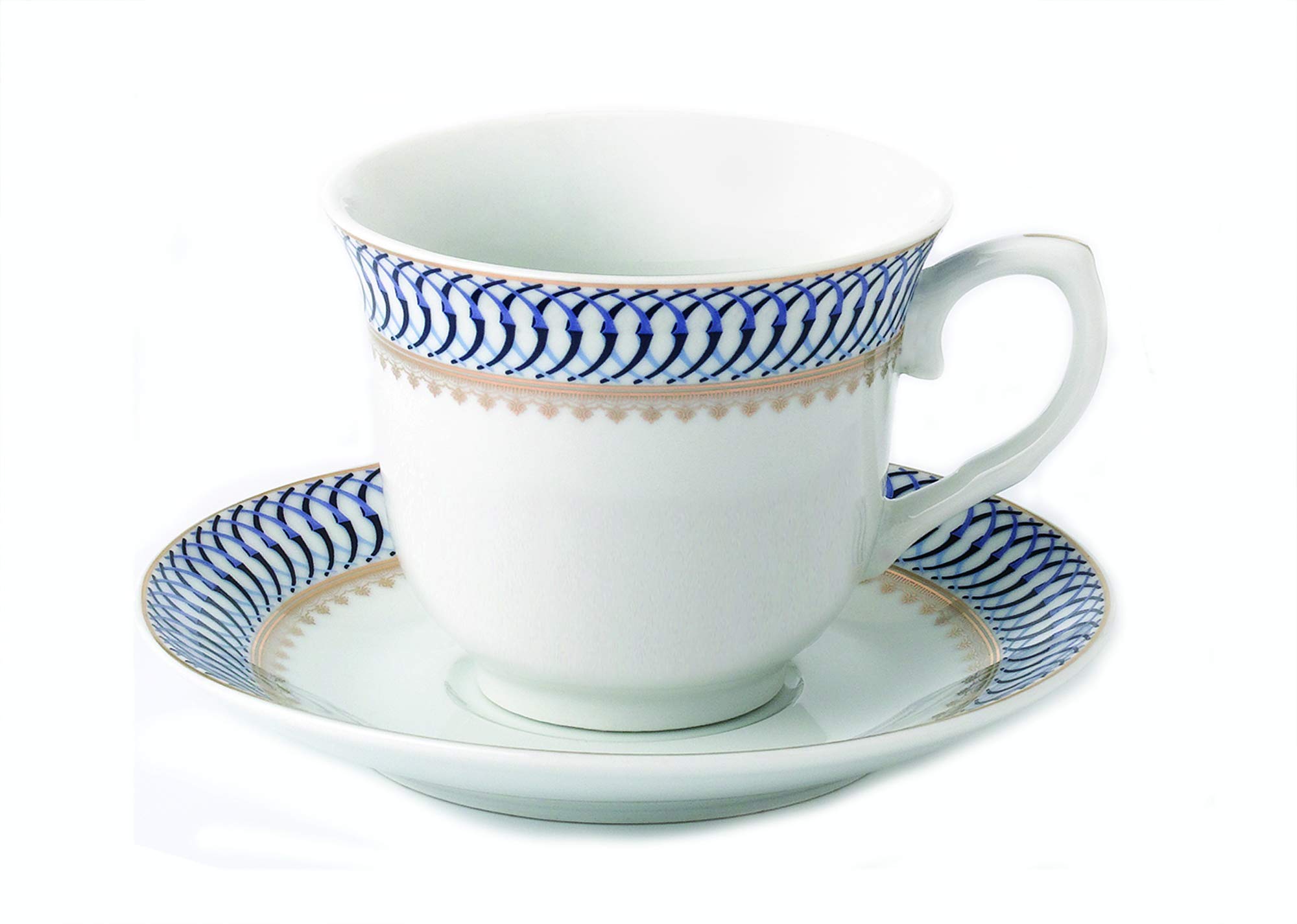 WORLD GIFTS Elegant Durable and Colorful Porcelain Tea-Coffee Cups and Saucers Set - Blue and Gold, 8 oz. Set of 4