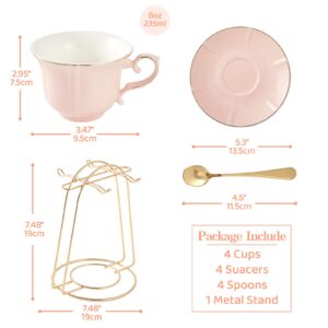 DUJUST Tea Cups and Saucers Set of 4 (8 OZ), Candy Pink Tea Cup Set with Golden Trim, Petal Edge Coffee Cups with Metal Stand, Simple Style Porcelain Tea Party Set - Pink
