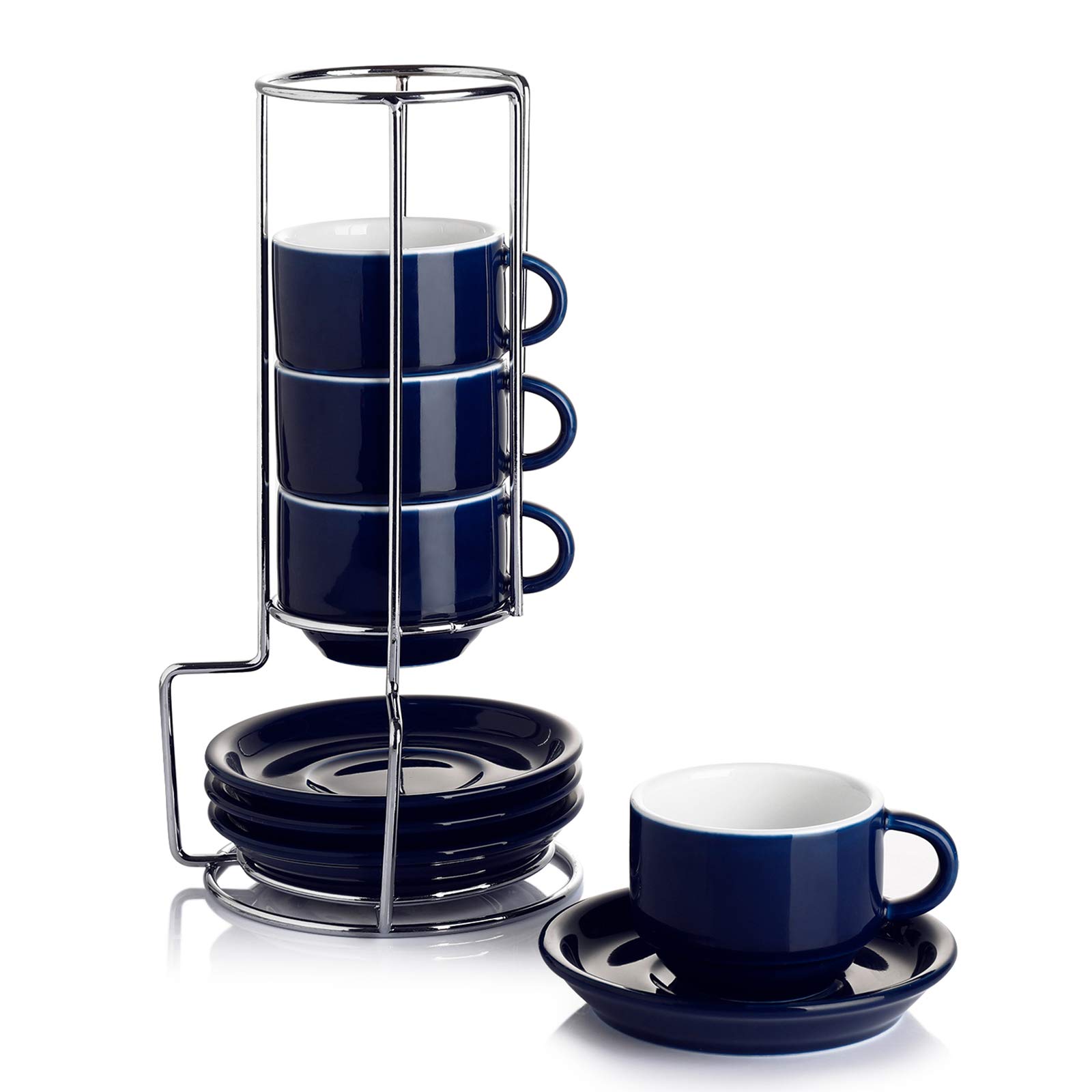 Sweese 4 Ounce Porcelain Stackable Espresso Cups with Saucers and Metal Stand Set of 4, Navy