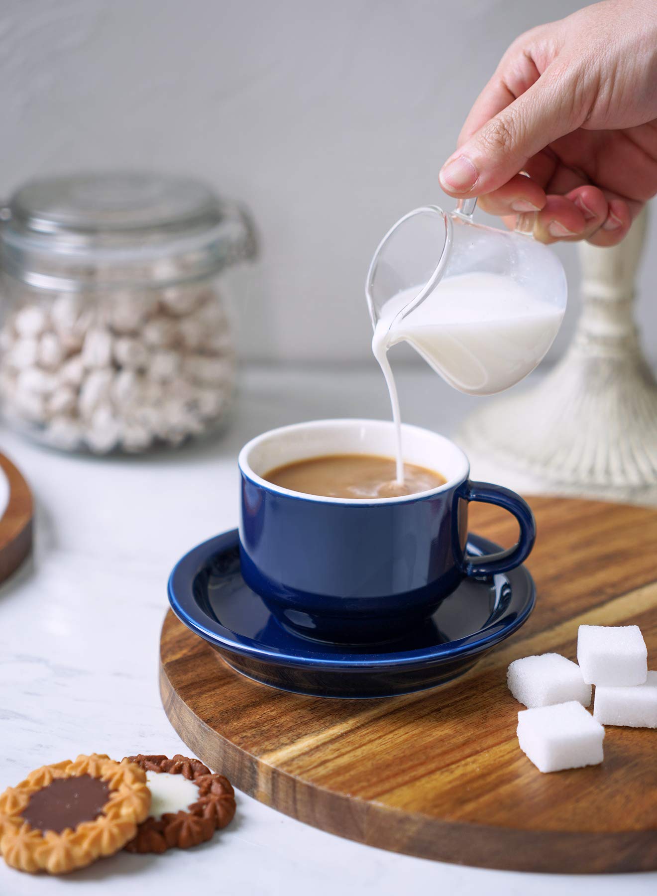 Sweese 4 Ounce Porcelain Stackable Espresso Cups with Saucers and Metal Stand Set of 4, Navy