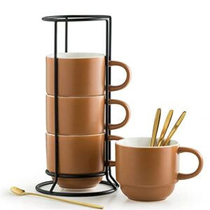 yhosseun 11 oz coffee mug set porcelain stackable mug with stand and metal spoon - tea cups demitasse cups for drinks, espresso, latte - porcelain stackable coffee mugs with rack set of 4, brown