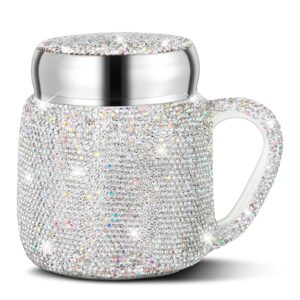 meanplan bling rhinestone coffee mug for christmas gift bling water bottle rhinestone ceramic portable travel cup crystal coffee cup with lid and handle for women office home 13.5 oz (white)