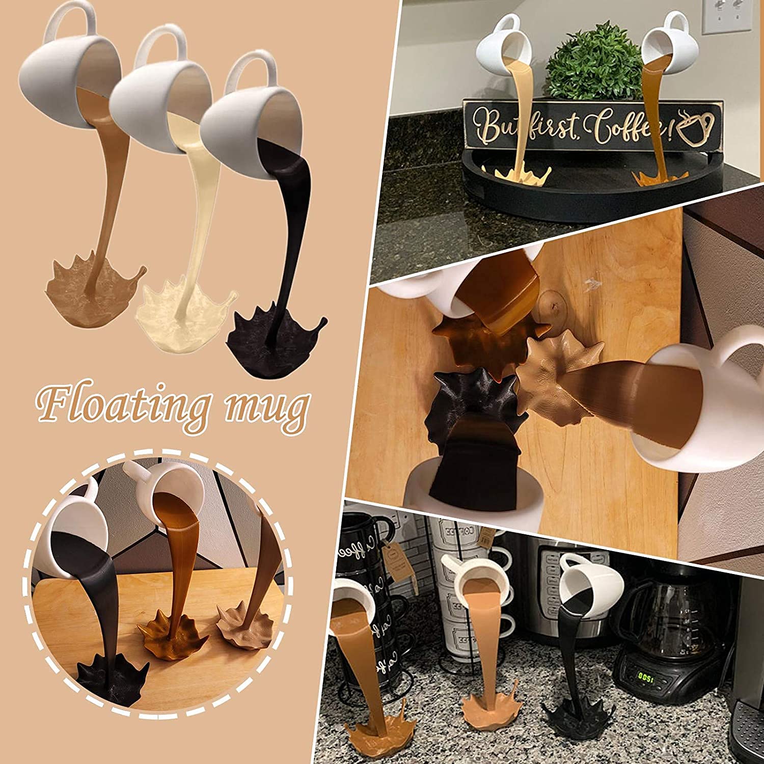 Mini Floating Coffee Cups Magic Pouring Spilling Splash Coffee Mugs Funny Coffee Mug Sculpture Art Decor for Home, Kitchen, Coffee Shop,Dessert Shop,Fun Home Gifts (Brown)