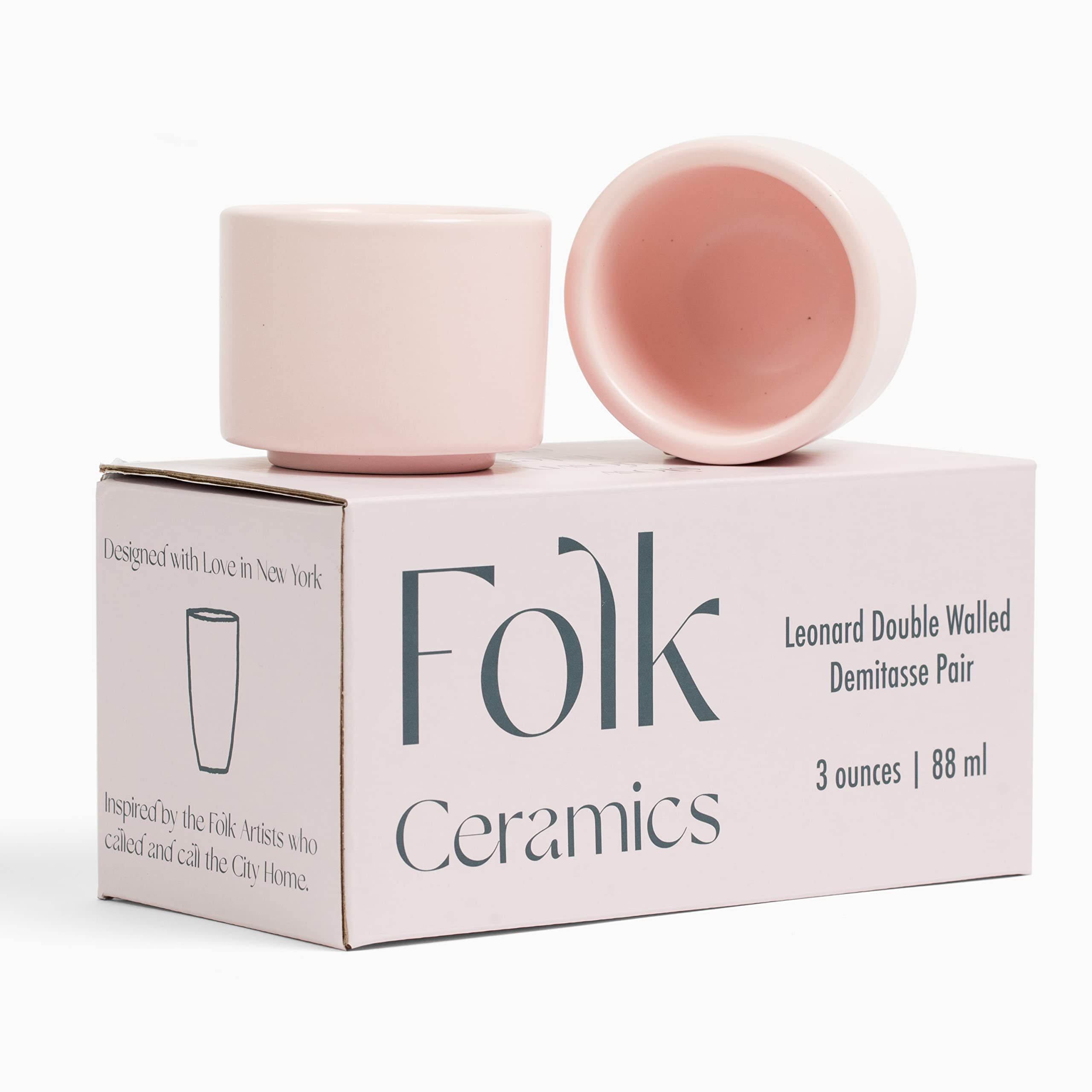 Folk Ceramics Leonard Ceramic Espresso Cups | Set of 2, 3oz, Pale Pink | Modern Stackable Demitasse Mugs for Espresso | Thick Walled, Handleless, Durable, Dishwasher & Microwave Safe