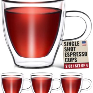 Eparé Glass Espresso Cups - Set of 4 Double Walled Espresso Cups with Handle - 2 oz Single Shot Latte Glasses Cup - Clear Double Insulated Coffee or Cappuccino Mug