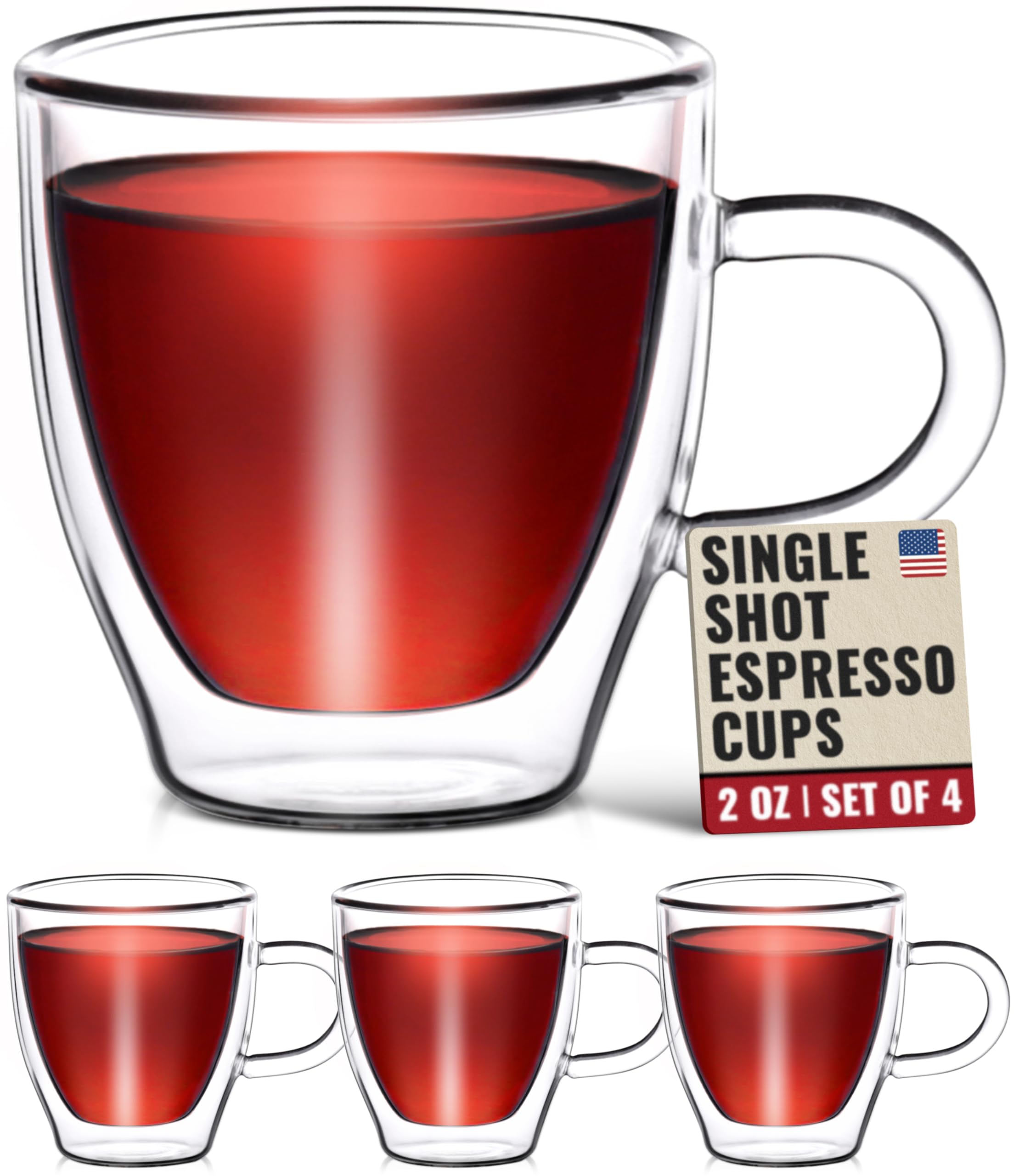 Eparé Glass Espresso Cups - Set of 4 Double Walled Espresso Cups with Handle - 2 oz Single Shot Latte Glasses Cup - Clear Double Insulated Coffee or Cappuccino Mug