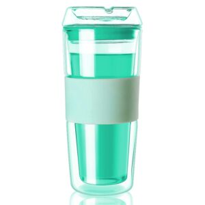 cicike glass tumbler with silicone sleeve, iced coffee cup, glass cup, double walled glass coffee mug, reusable cup for hot & cold beverages, 14oz. capacity, all made of glass including the lid