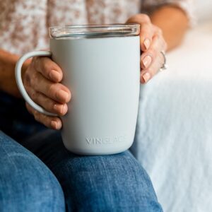 Vinglacé Stainless Steel Coffee Mug- Insulated Hot and Cold Beverage Cup with Glass Insert and Lid, 12 oz, Stone