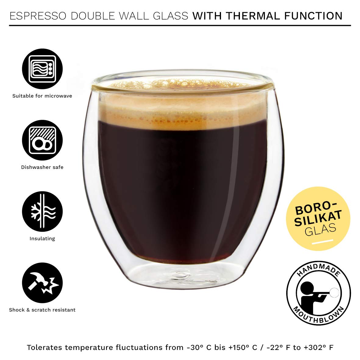 Creano Double Wall Espresso Glasses 3.5 OZ, Insulated Glass Cups - 6X 3.5oz (100ml)