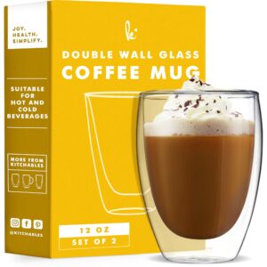 Kitchables Double Walled Glass Coffee Mugs Set of 2,12oz - Insulated Clear Coffee Mug for Cappuccino, Latte, Tea, Espresso - Latte cup - Tazas Para Cafe