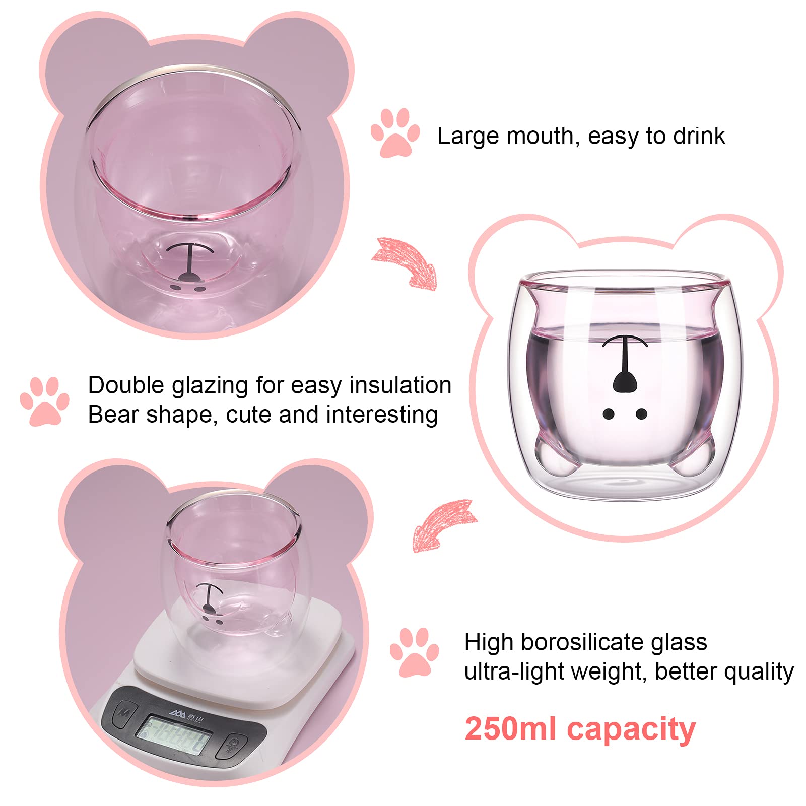 2 Pieces Cute Bear Mugs Insulated Double Wall Glass Bear Cups Animal Tea Milk Juice Chocolate Cappuccino Cups Home Glass Bear Cups Glass Mugs for Valentine's Day to lover (White, Pink)
