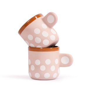 kaki espresso cups set of 2-3 ounce, clay espresso cups pink with white polka dot, handmade expresso coffee cup for coffee lovers, gifts for mom, dad or friends (pack 2)