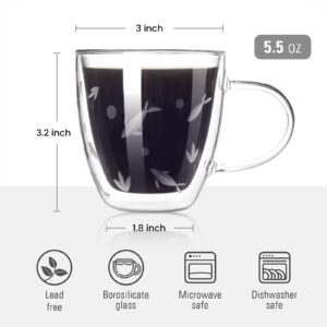 SHOSHIN Hand Cut Espresso Cups - Double Wall Glass Coffee Mugs with Handle（Set of 2, 5.5 Ounces Coffee Mug, Insulated Layer Glass Coffee Cups, Coffee Mug for Cappuccino(Swimming fish)