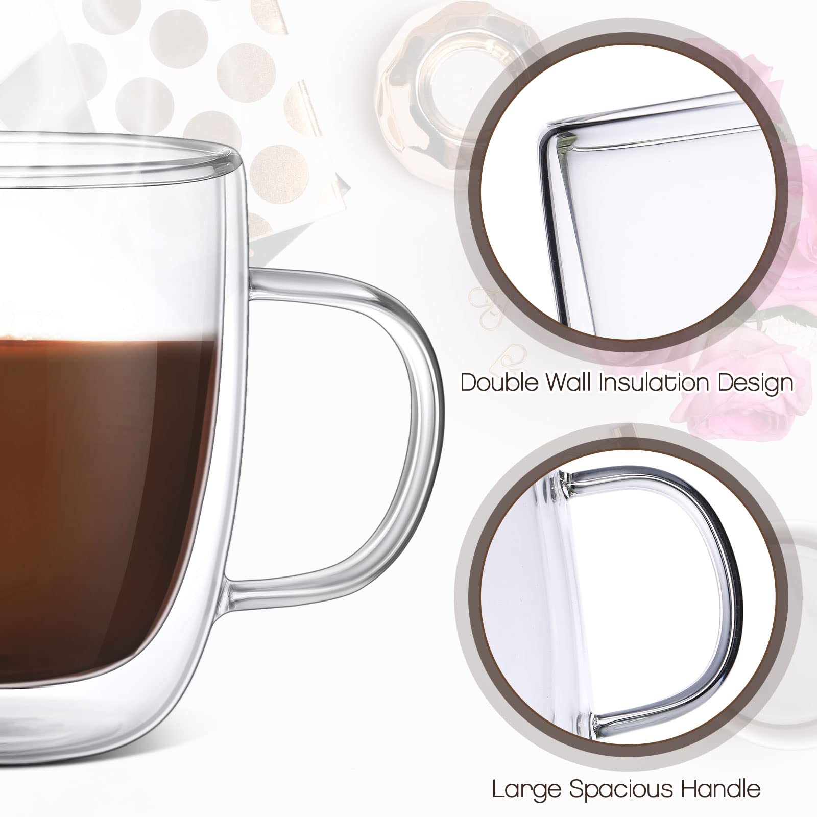 Gerrii 8 Pack 13.5 oz Double Walled Glass Coffee Mugs with Handle, Clear Glass Coffee Mugs Insulated Layer Coffee Cups Espresso Mug Cups for Cafe Latte Cappuccino Tea