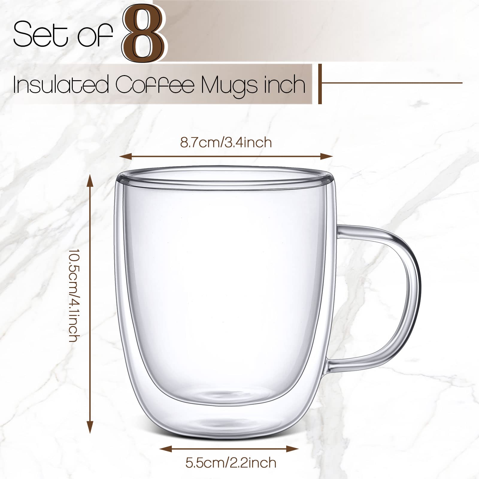 Gerrii 8 Pack 13.5 oz Double Walled Glass Coffee Mugs with Handle, Clear Glass Coffee Mugs Insulated Layer Coffee Cups Espresso Mug Cups for Cafe Latte Cappuccino Tea