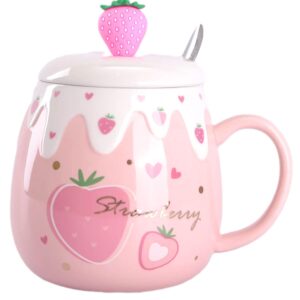 whjy pink female coffee cup mug, strawberry korean lovely student ceramic breakfast cup with lid and spoon – 450ml/15oz, pink d