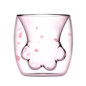 dbuksno 6oz pink cat paw glass coffee mugs clear double wall glasses insulated glass milk tea juice wine whiskey water glass cup (pink cat paw)