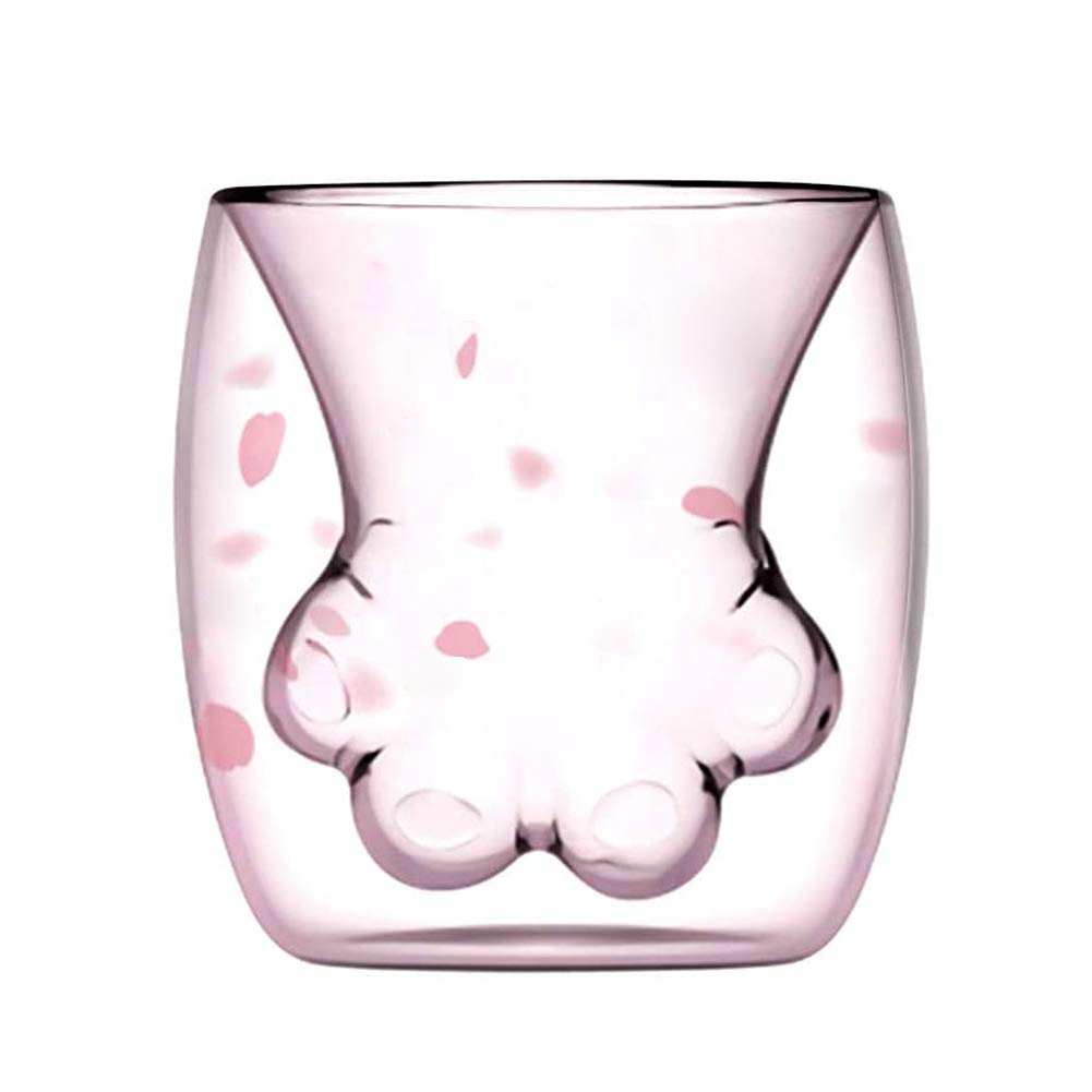 DBUKSNO 6Oz Pink Cat Paw Glass Coffee Mugs Clear Double Wall Glasses Insulated Glass Milk Tea Juice Wine Whiskey Water Glass Cup (Pink Cat Paw)