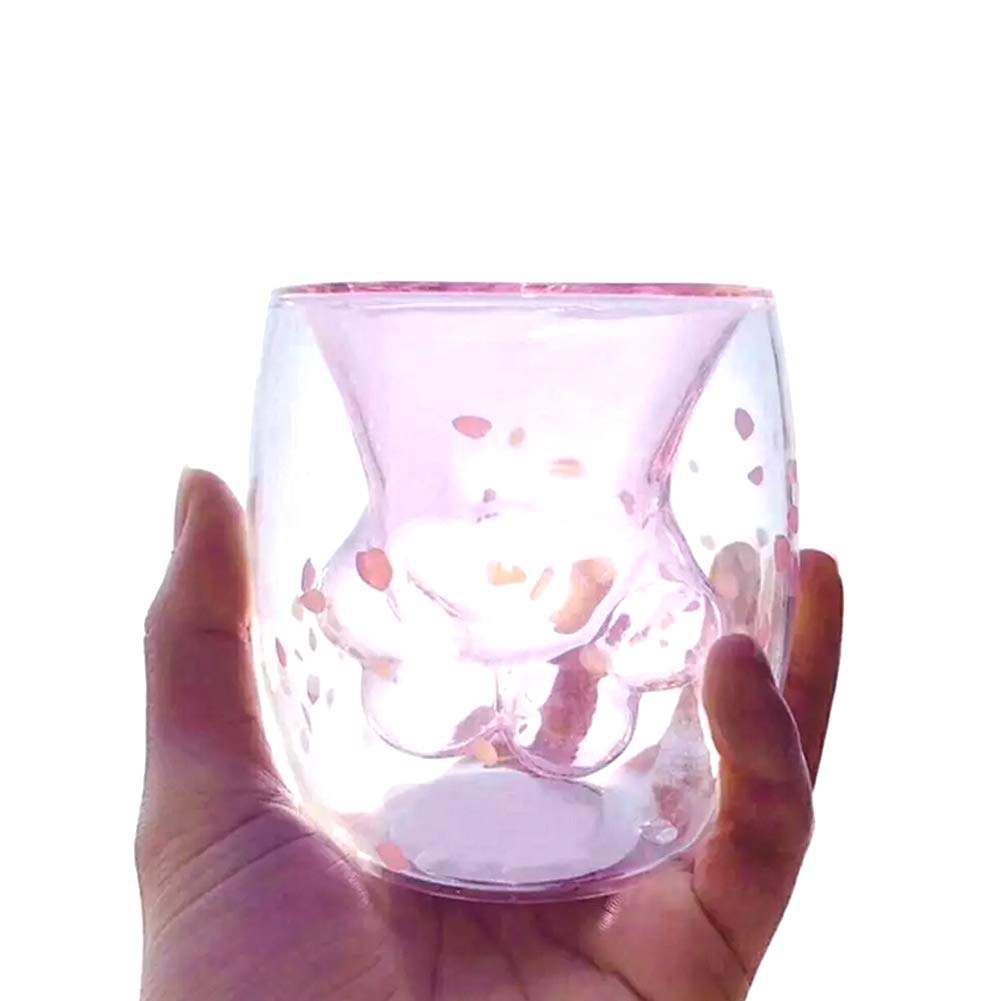 DBUKSNO 6Oz Pink Cat Paw Glass Coffee Mugs Clear Double Wall Glasses Insulated Glass Milk Tea Juice Wine Whiskey Water Glass Cup (Pink Cat Paw)