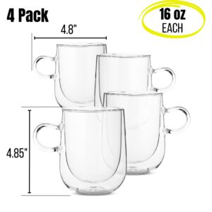 BTaT- Double Wall Glass Coffee Mugs, 16 oz (500ml), Set of 4, Double Glass Coffee Cups, Double Wall Coffee Mugs, Double Insulated Coffee Mugs, Clear Latte Mugs, Glass Coffee Mug, Clear Mugs