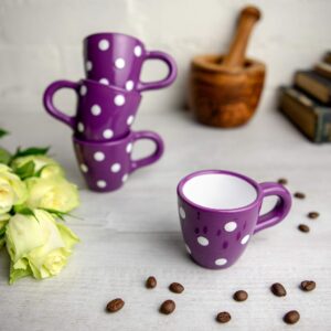 City to Cottage Handmade Purple and White Polka Dot Ceramic 2oz/60ml | Espresso Cup Set of 4, Unique Designer Pottery for Coffee Lovers