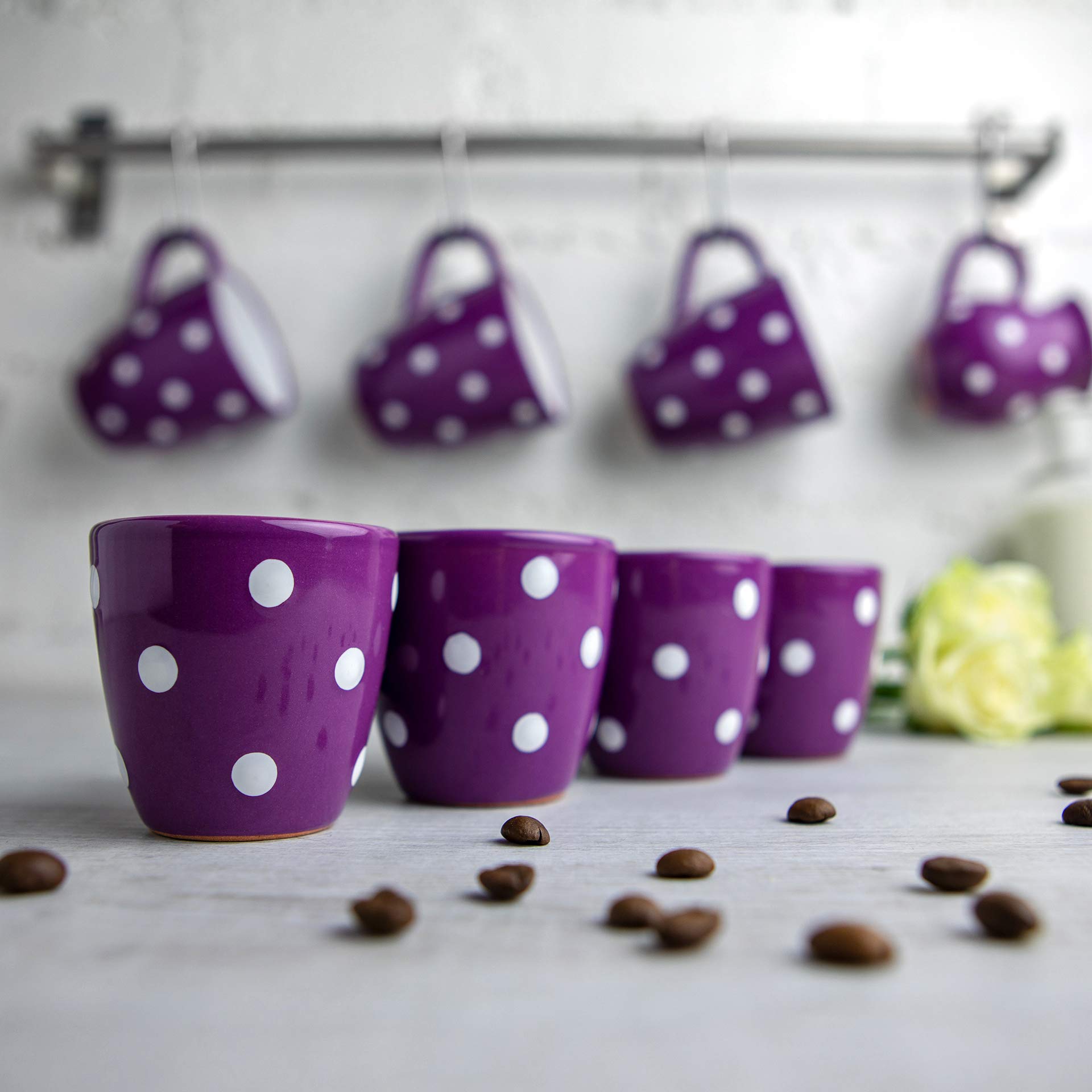 City to Cottage Handmade Purple and White Polka Dot Ceramic 2oz/60ml | Espresso Cup Set of 4, Unique Designer Pottery for Coffee Lovers