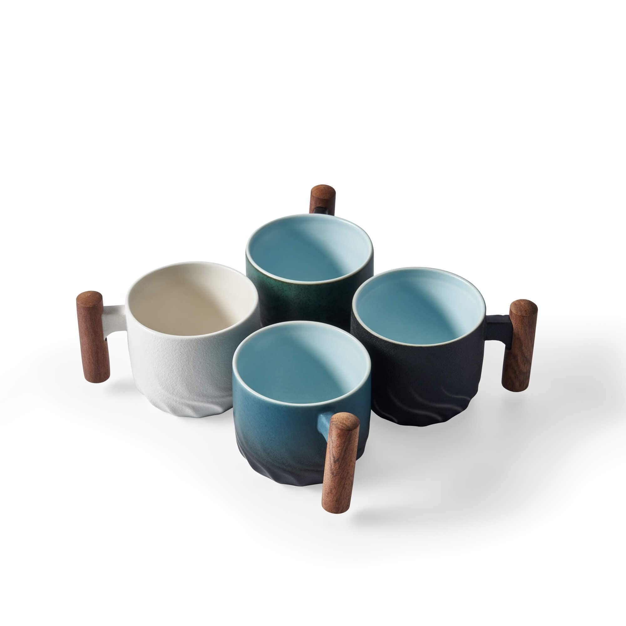 BlogBlog Ceramic Espresso Cups with Wooden Handle Espresso Shot Cups Ceramic Tea Cups Porcelain Demitasse Cups for Coffee or Tea, 3oz (Black&Blue&White, 6)