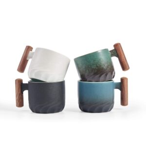 BlogBlog Ceramic Espresso Cups with Wooden Handle Espresso Shot Cups Ceramic Tea Cups Porcelain Demitasse Cups for Coffee or Tea, 3oz (Black&Blue&White, 6)