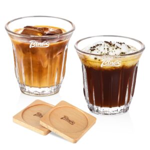 bincoo glass coffee mug set 2x90ml, clear glass coffee mugs with wooden coasters, coffee, cappuccino, latte, espresso glass cup heat resistant