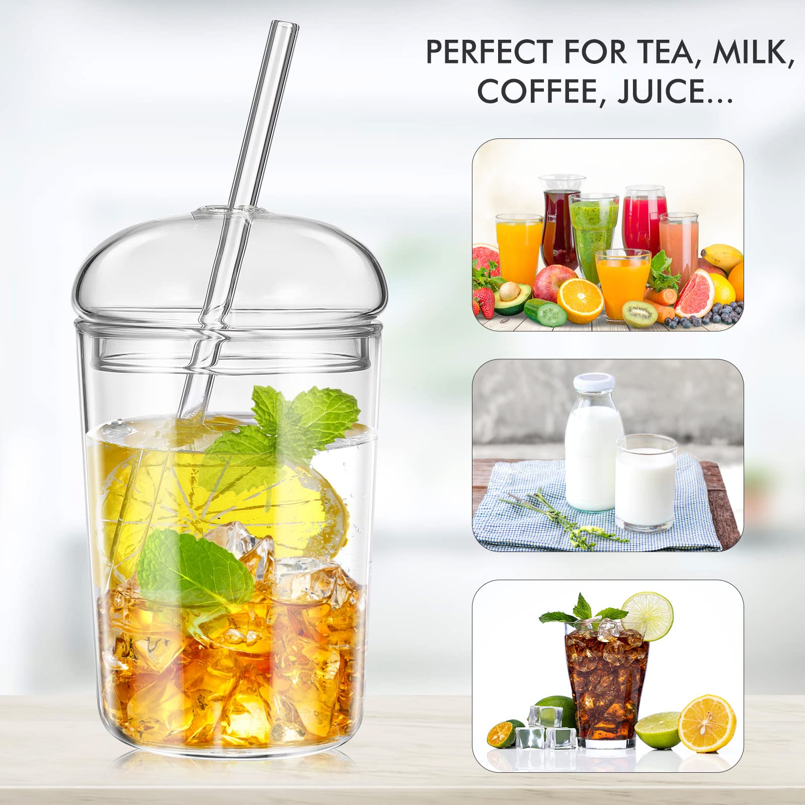 Glass Tumbler with Straw and Lid 15oz Glass Cups Glass Water Bottle Smoothie Cups Juice Drinking Cup Clear Coffee Cup Large Water Mug for Home Outdoor Travel