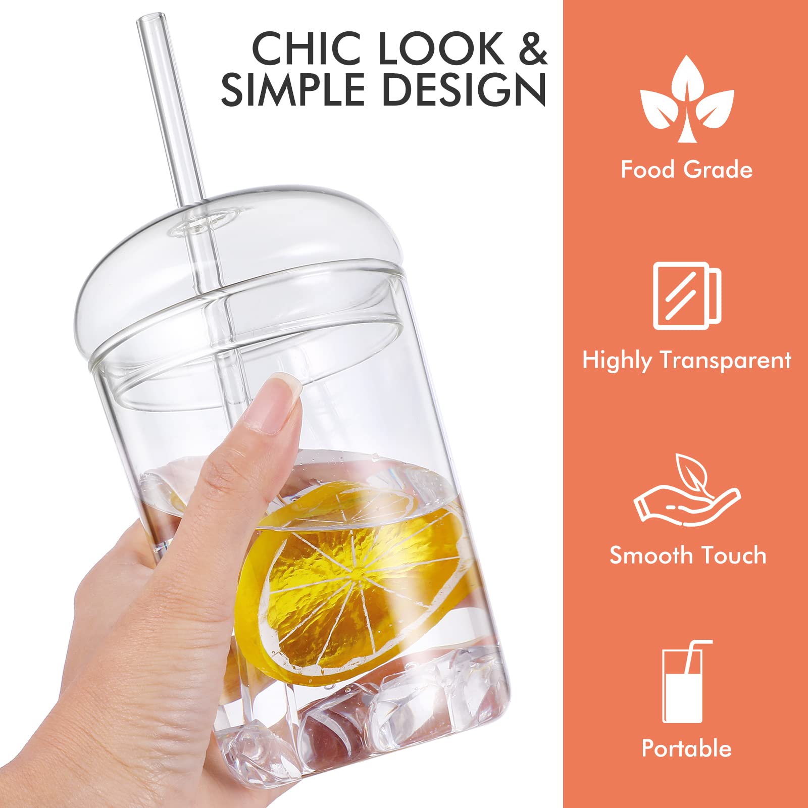 Glass Tumbler with Straw and Lid 15oz Glass Cups Glass Water Bottle Smoothie Cups Juice Drinking Cup Clear Coffee Cup Large Water Mug for Home Outdoor Travel