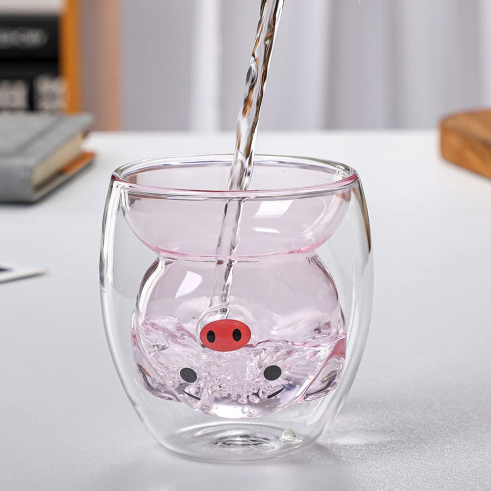 TREEWOO Creative Coffee Mug Cute White Pig Double Wall Milk Juice Tea Glass Cup Heat Resistant Drinkware Crystal Valentine's Day Gift