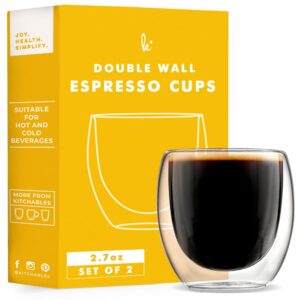 kitchables espresso cups set of 2, 2.7oz - durable double walled espresso shot glass - expresso shots cup compatible with nespresso machines - demitasse cups - tasas de café expreso