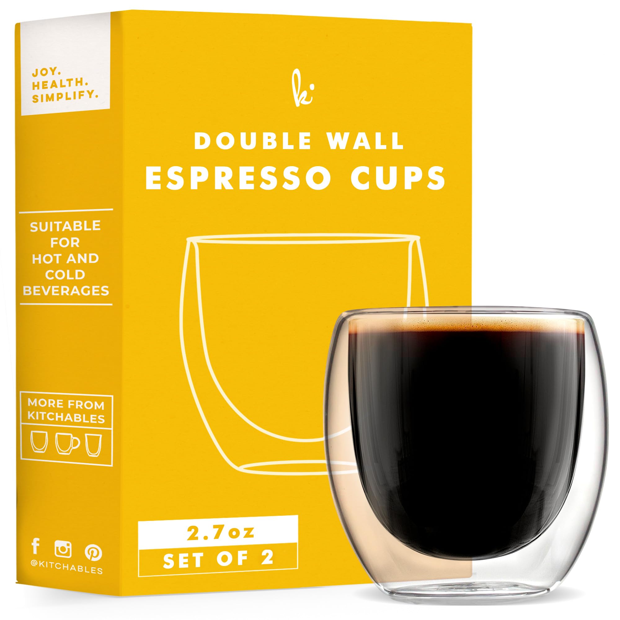 Kitchables Espresso Cups Set of 2, 2.7oz - Durable Double Walled Espresso Shot Glass - Expresso Shots Cup Compatible with Nespresso Machines - Demitasse Cups - Tasas De Café Expreso