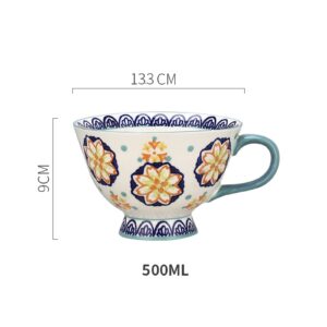 Trendy Tandi Milk Oatmeal Breakfast Cups & Mugs Large Capacity Cute Ceramic Hand-painted Artistic color large Tea Cup Underglaze Color Soup Bowls (Blue Vintage Flowers)