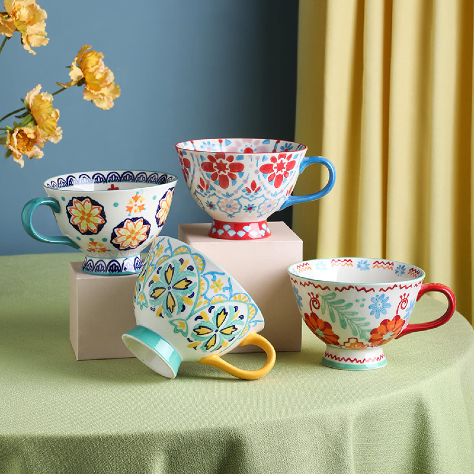 Trendy Tandi Milk Oatmeal Breakfast Cups & Mugs Large Capacity Cute Ceramic Hand-painted Artistic color large Tea Cup Underglaze Color Soup Bowls (Blue Vintage Flowers)