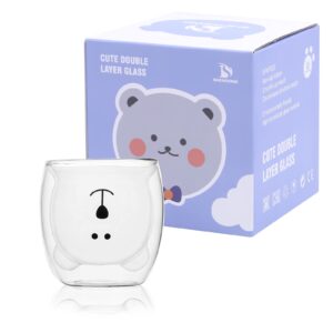shendong cute bear cups cute mugs bear tea coffee cup double wall insulated glass espresso cups glass 8.5oz milk cup gift for personal birthday valentine's day and office (white happy bear)