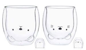 sharemee cute mugs double wall insulated glass espresso cup coffee cup, tea cup, milk cup, gigt for personal birthday and office 250ml/8.4oz (cute mugs bear+cat)