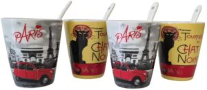 world-accents paris eiffel tower and chat noir espresso cups with spoons in gift box, set of 4 assorted styles
