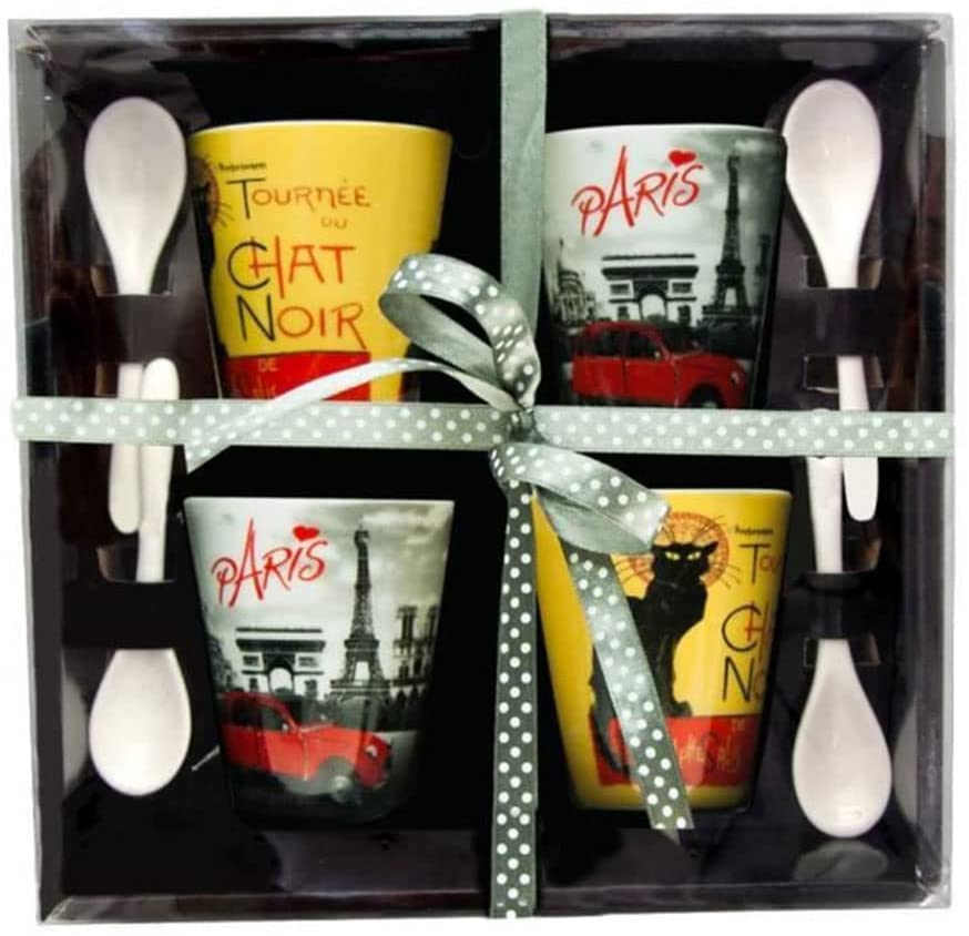 World-Accents Paris Eiffel Tower and Chat Noir Espresso Cups with Spoons in Gift Box, Set of 4 Assorted Styles